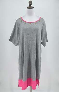 Quacker Factory Gray Knit Pink Trim Short Sleeve Shift Dress Sz 1X NEW